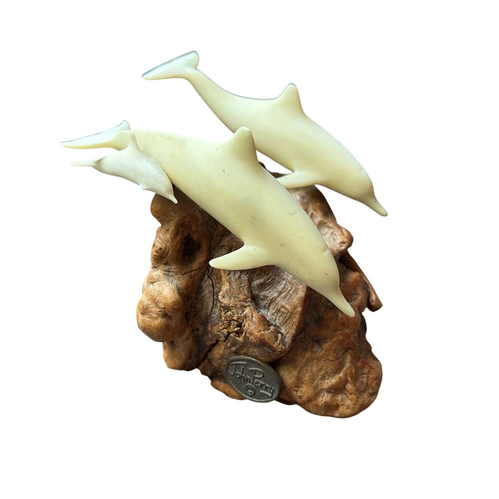 John Perry Pod Of Dolphins & Calf Sculpture On Burl-wood Marine Art figurine sea